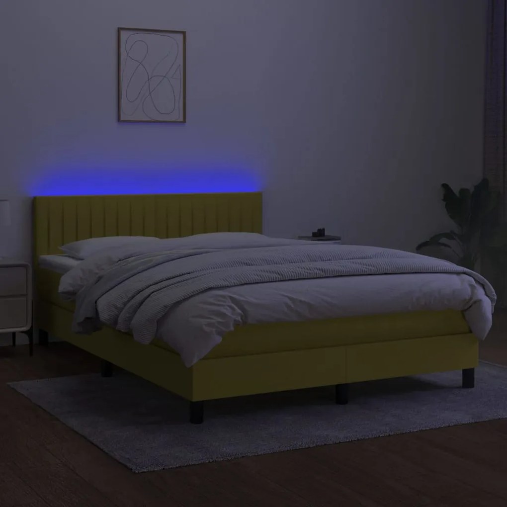 Cama box spring c/ colchão e LED 140x190 cm tecido azul