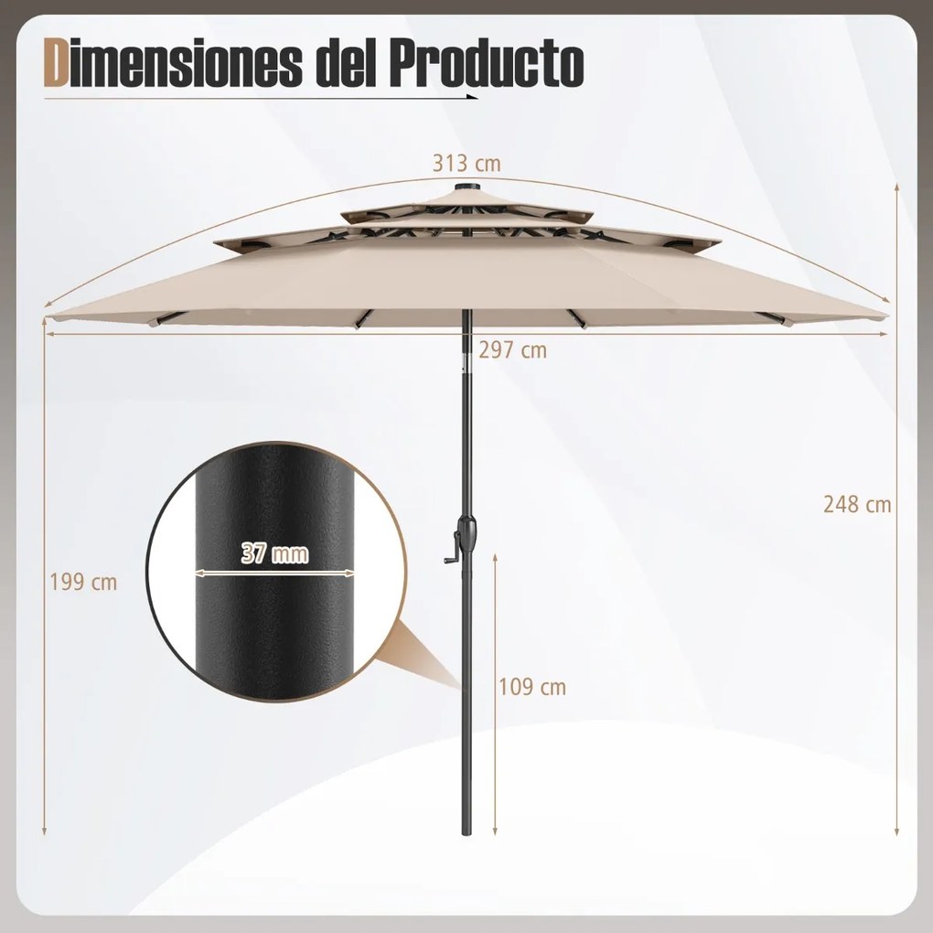 Guarda-sol Jardim de 313 cm com 32 luzes LED Teto ventilado de 3 níveis Ajuste de inclinação Bege