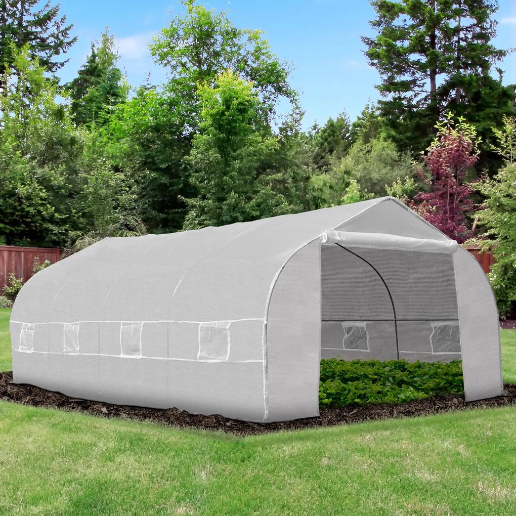 Estufa de jardim tipo túnel com 8 janelas respiráveis ​​e porta de enrolar com zíper de aço 600x300x200 cm Branco