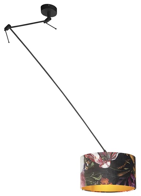 Candeeiro de suspensão preto com cúpula em veludo flores com dourado 35 cm - Blitz Clássico / Antigo