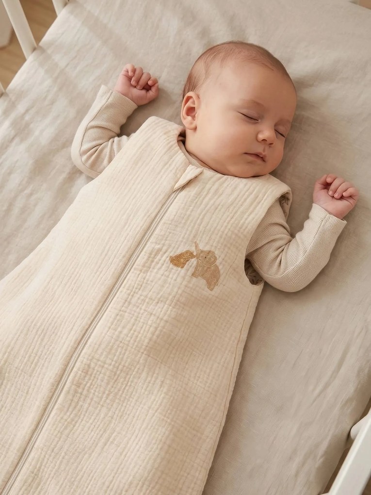 Saco de dormir de verão com abertura central em musselina de algodão BABYLON, para bebé cru