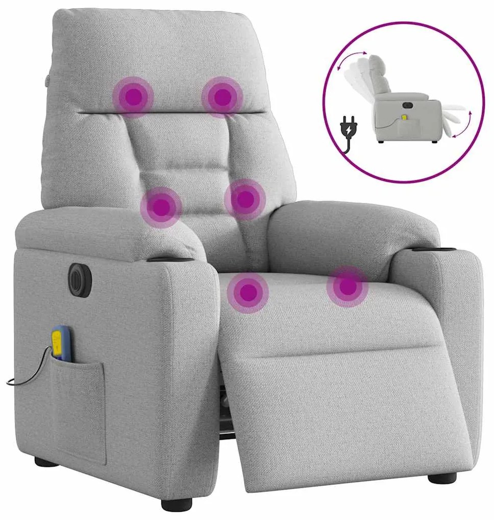 vidaXL Poltrona massagens reclinável elétrica tecido cinzento-nublado