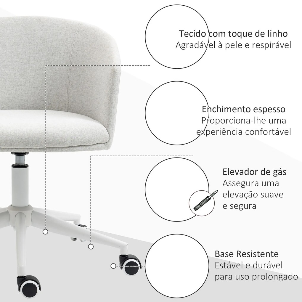 Cadeira de Escritório Giratória com Tecido de Linho Sintético Cadeira de Escritório Ergonómica com Altura Ajustável Apoio para os Braços e Assento Acolchoado Carga 120kg 57x56x70-78cm Cinza