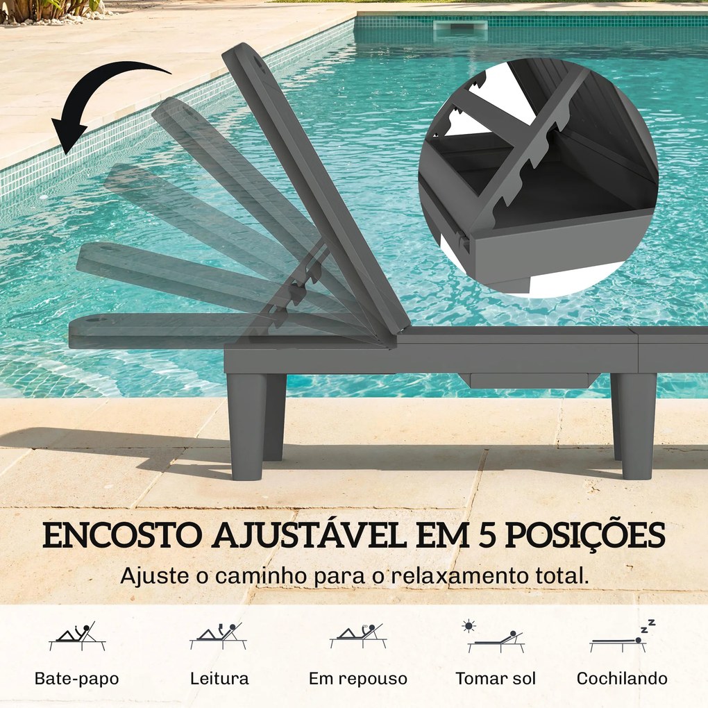 Conjunto de 2 Espreguiçadeiras Reclináveis de Plástico PP com Bandeja Lateral Encosto Ajustável em 5 Posições 192x57x28,5 cm Cinzento
