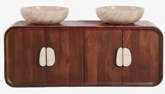 Conjunto De Móvel De Casa De Banho Dupla Suspensa 130x45 Cm Em Madeira De Manga E Pedra Natural Kivalina Travertino - Madeira De Mangueira Escura & -
