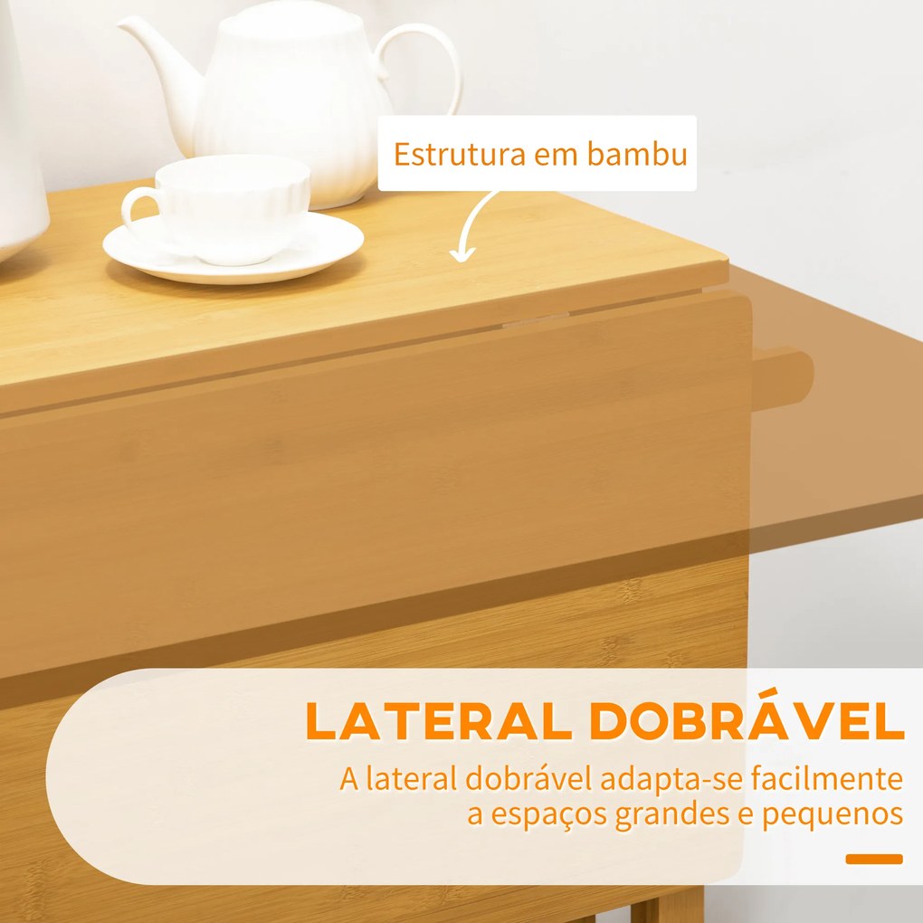 Conjunto de Mesa Alta de Bar e 2 Bancos Mesa de Cozinha Alta em Bambu com Rodas Tampo Dobrável  Madeira