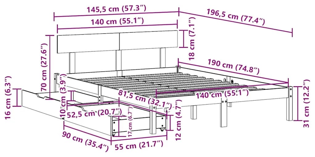 Cama sem colchão 140x190 cm madeira de pinho maciça