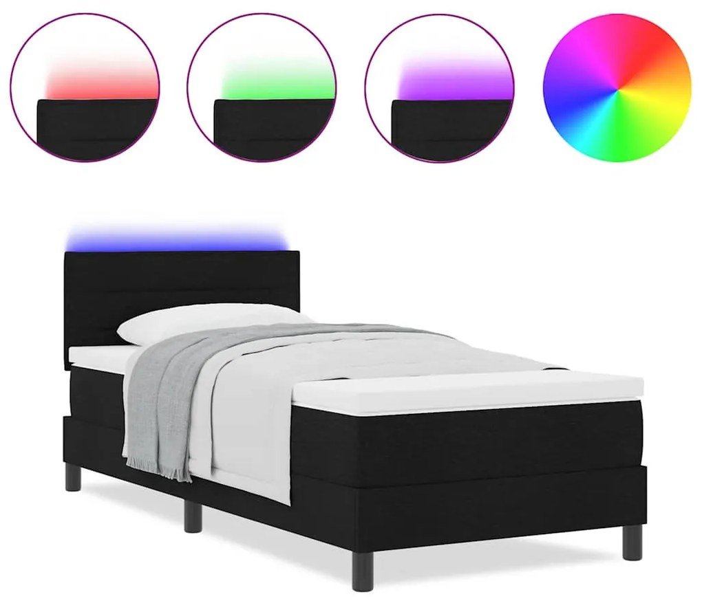 Cama Box com Colchão &amp; LED Preto 90x200 cm Tecido