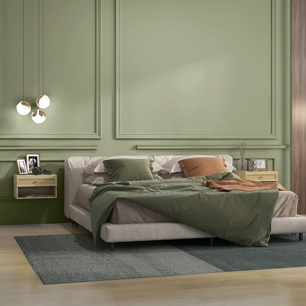 Conjunto de 2 Mesas de Cabeceiras Suspensas com Compartimento Aberto e Gaveta com Frente em Vime 40x34x23 cm Madeira