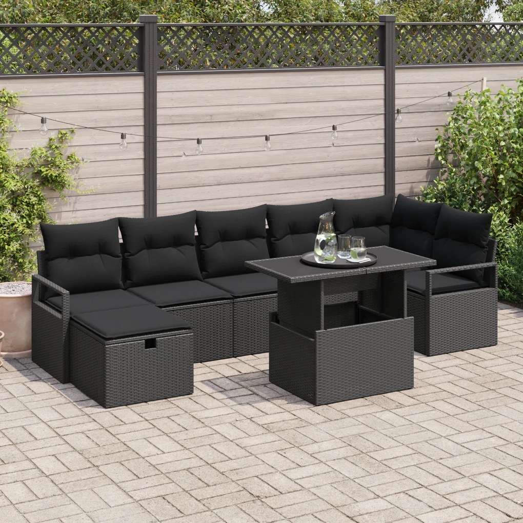Conjunto de Sofá de Jardim 8 Peças com Almofadas Preto Vime PE, Sofá d