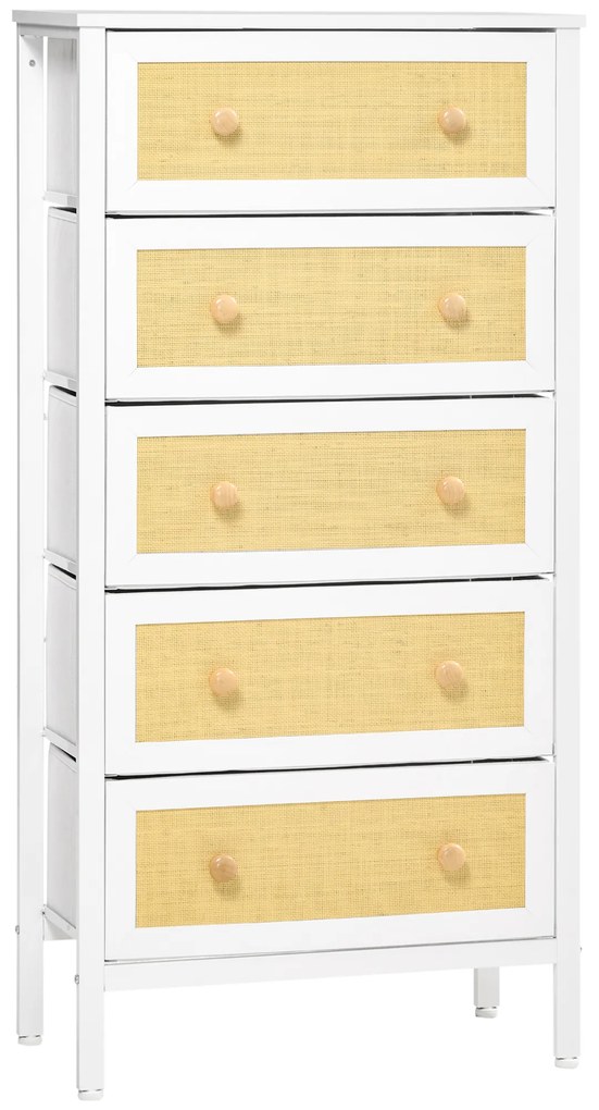 HOMCOM Cómoda Estilo Bohemio com 5 Gavetas de Tecido Dobráveis Superfície de Vime PE e Estrutura de Aço 62x30x126,5 cm Branco | Aosom Portugal