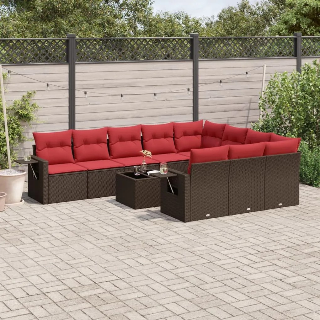 vidaXL 11 pcs conjunto sofás de jardim c/ almofadões vime PE castanho
