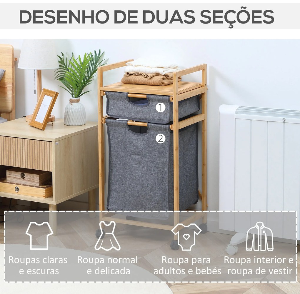 Cesto de Roupa Suja de Bambu Cesto de Roupa com 2 Bolsas de Tecido Amovíveis Prateleira Aberta 2 Alças Laterais 4 Rodas 42x35x84,5cm Cinza e Madeira