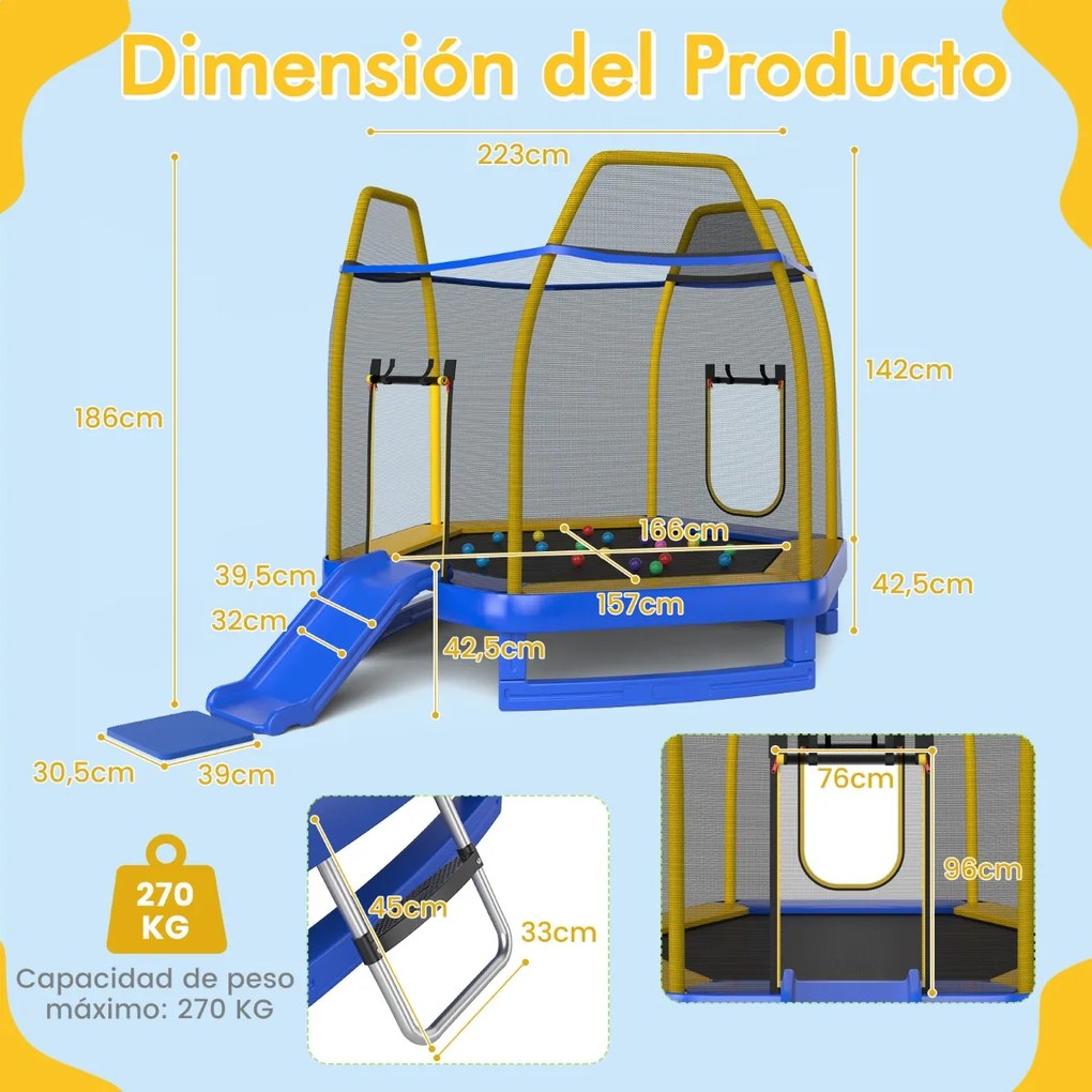 Trampolim com escada Escada Estrutura recreativa Rede de segurança metálica galvanizada para crianças 3+ anos Carga 270 kg Azul