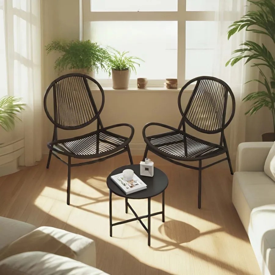 Conjunto de 3 móveis de varanda, conjunto de móveis de jardim com mesa e 2 cadeiras, Polyrattan PE Preto