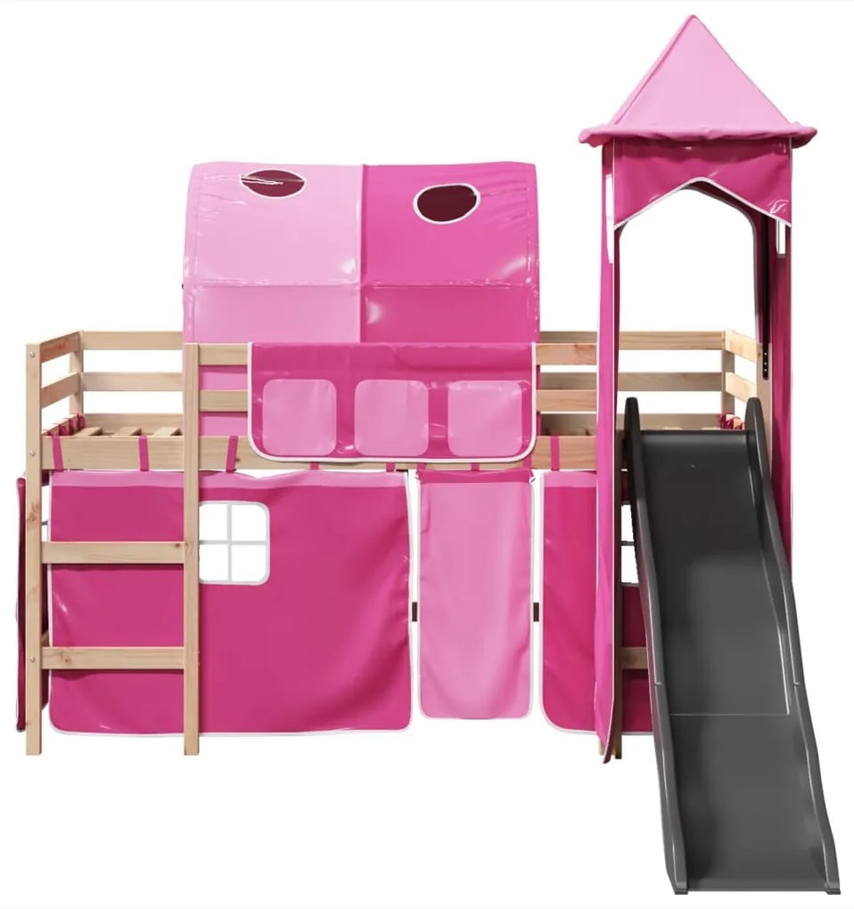 Cama alta para criança com torre 90x190 cm pinho maciço rosa