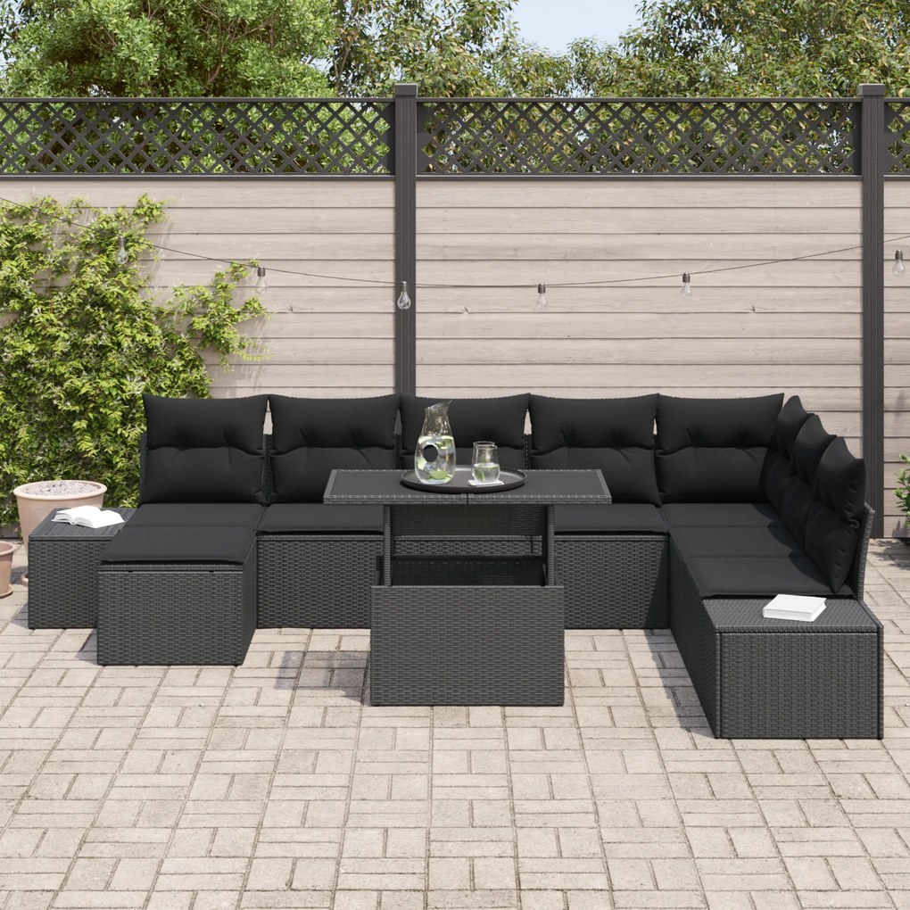 Conjunto de Sofá de Jardim de 9 Peças com Almofadas Preto Rattan Polié