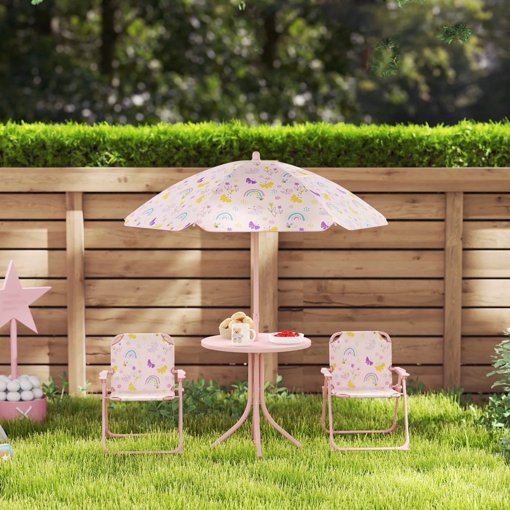 Conjunto de Mesa e Cadeiras para Crianças de Jardim com Cadeiras Dobráveis Chapéu de Sol Ajustável e Desenho de Raposas Rosa