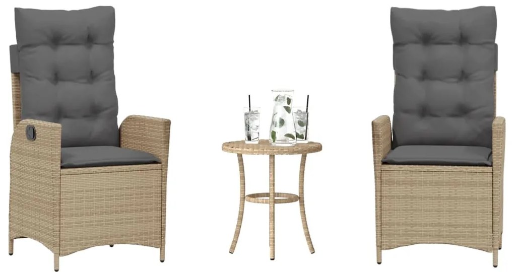 vidaXL 3 pcs conjunto bistrô com almofadões vime PE bege misturado