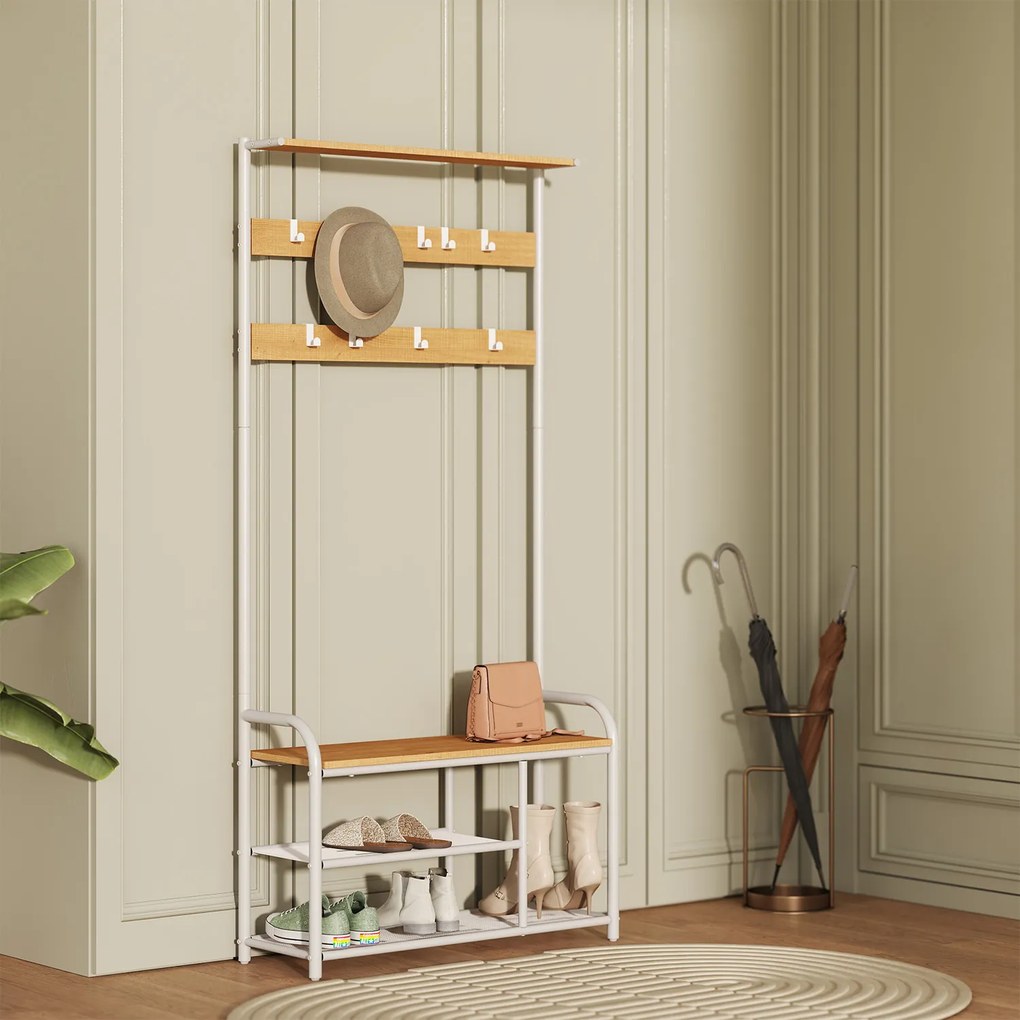 Cabideiro entrada Hall cabide com 9 ganchos 30 x 85 x 180,5 cm branco, cor de carvalho