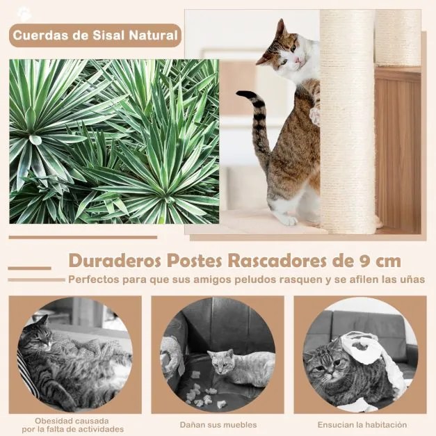 Arranhador moderno para gatos de interior de 176 cm Árvore para gatos de vários níveis com 2 poleiros Torre de madeira Tapetes para gatos bege