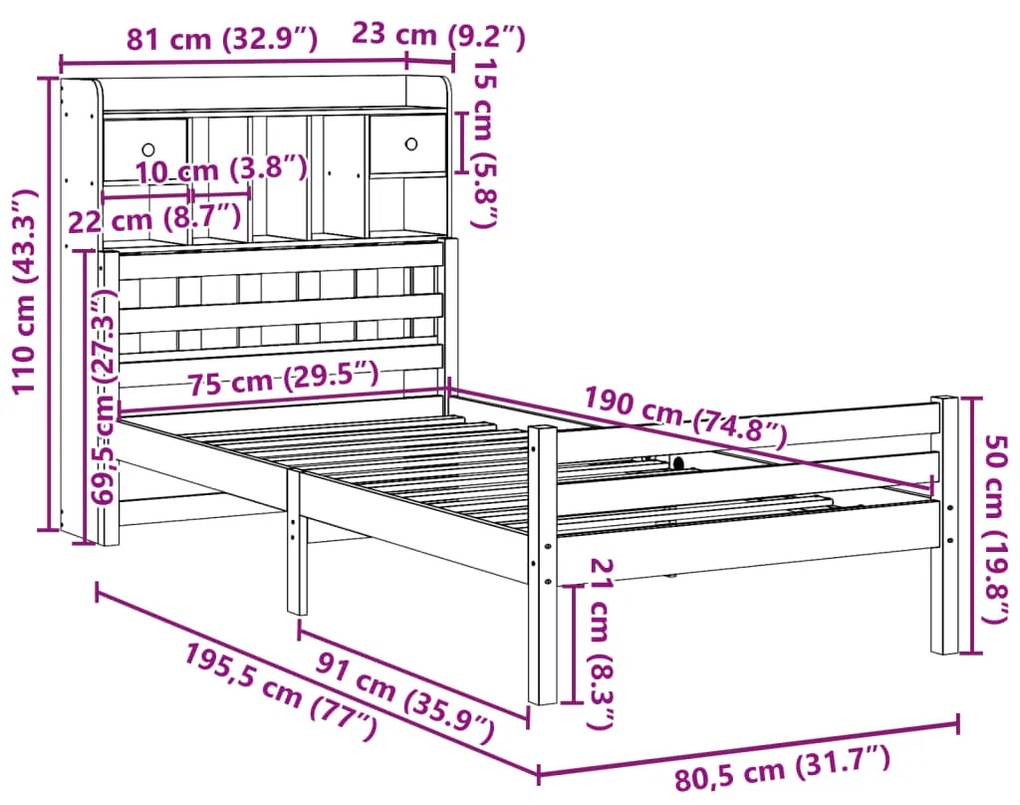 Cama com estante sem colchão 75x190 cm pinho maciço