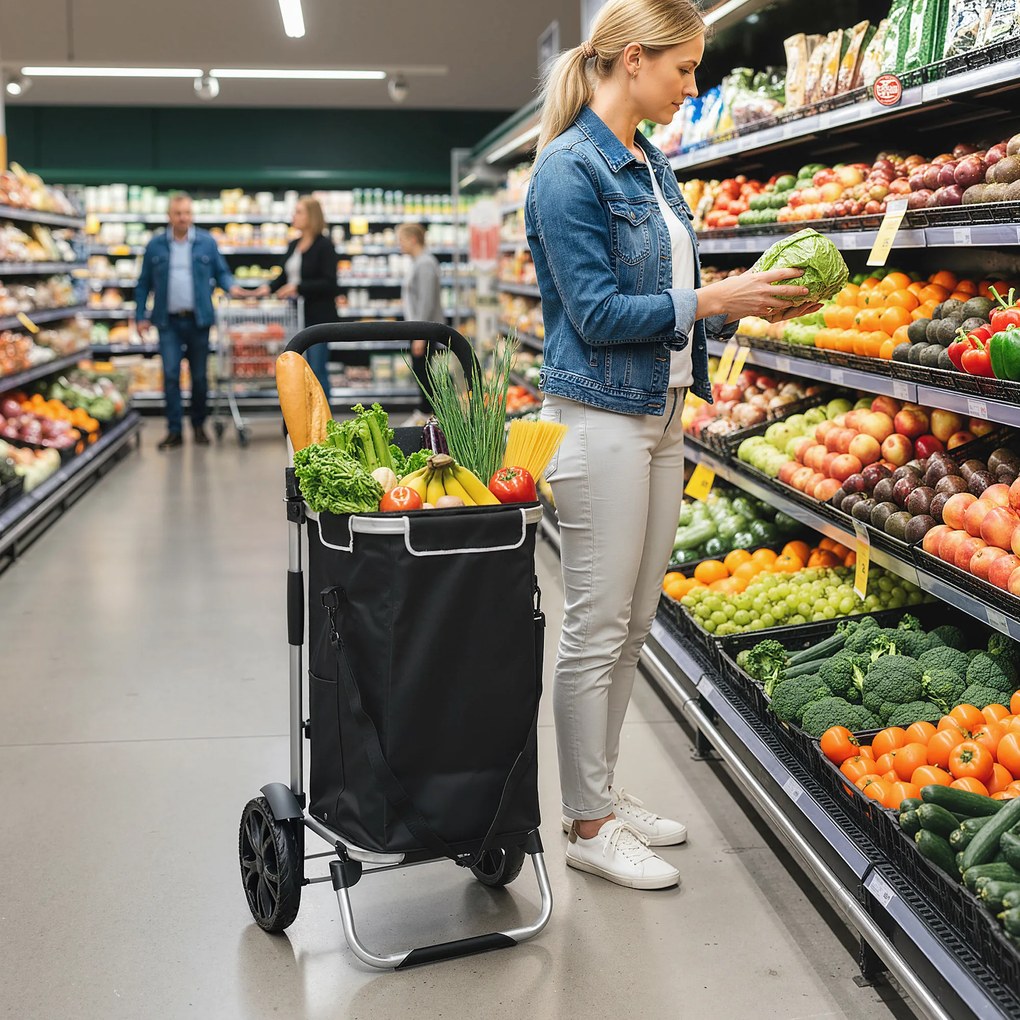 Carrinho de compras dobrável de 40 L, carrinho de compras portátil com Rodas e pega telescópica, 45,5 x 35,5 x 97 cm, preto