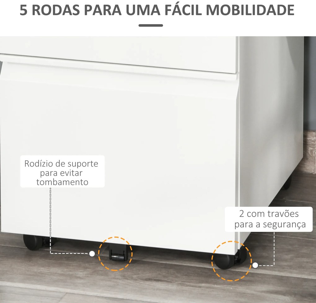 Bloco de Gavetas com Rodas para Escritório Móvel para Arquivos com 3 Gavetas e Fechadura 39x48x60 cm Branco