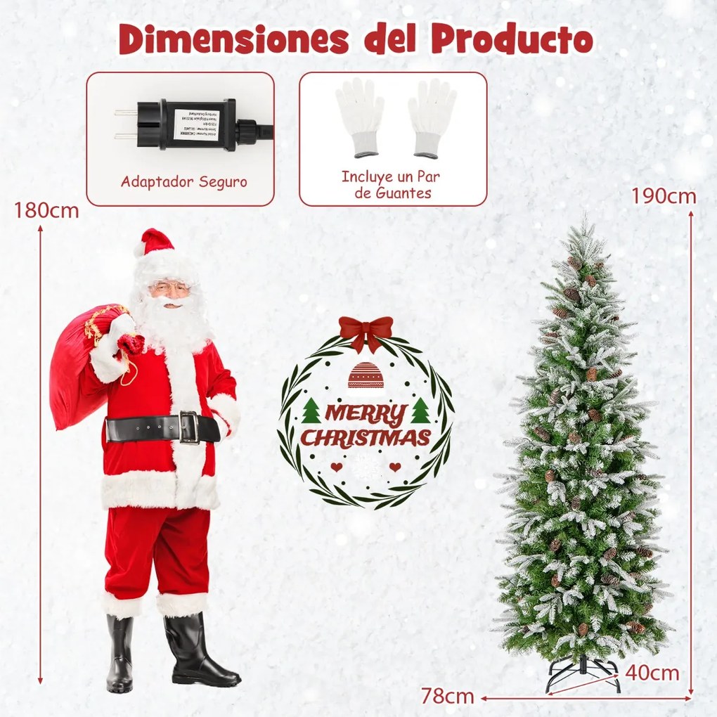 Árvore de Natal pré-iluminada de 190 cm com 280 luzes LED Neve simulada 671 ramos articulados e 60 pinhas Árvore fina Verde