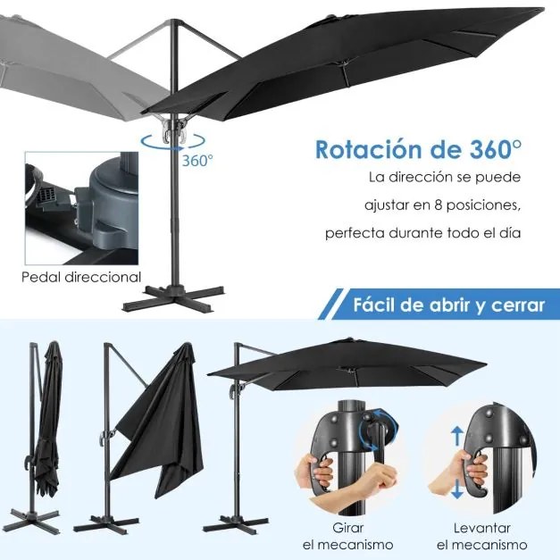 Guarda-sol de jardim 300 cm com Base cruzada e com manivela 3 inclinações Rotação de 360° 8 hastes Preto