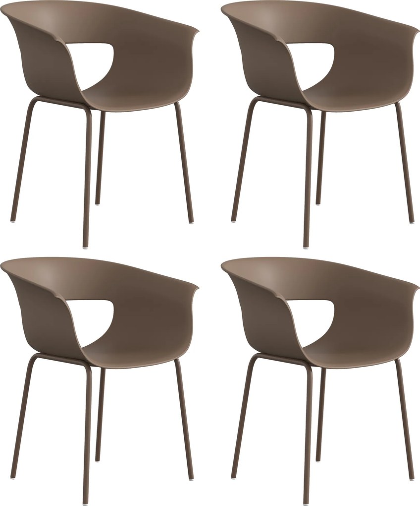 Outsunny Conjunto de 4 Cadeiras de Jardim Ergonômicas para Varanda com Design Recortado, Apoio de Braço, Resistentes às Intempéries, Anticorrosivas, Cor Café | Aosom Portugal