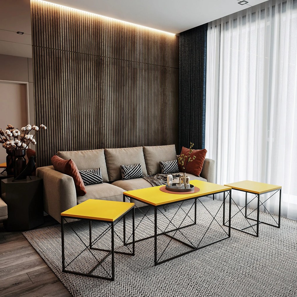 Conjunto de Mesas de Centro Defne – Amarelo e Preto – Medidas: 100x52x