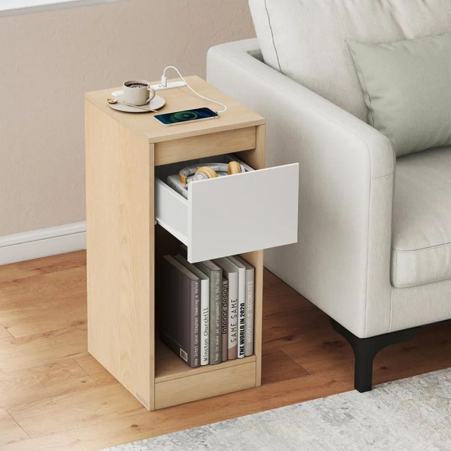 Conjunto de 2 mesas de cabeceira com iluminação LED e portas USB 30 x 25 x 59,5 cm Amarelo amêndoa + Branco