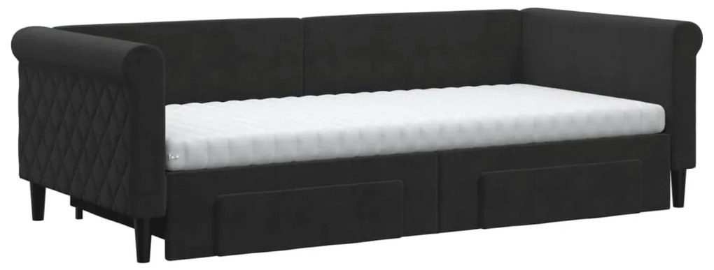 Sofá-cama com gavetão e gavetas 90x200 cm veludo preto