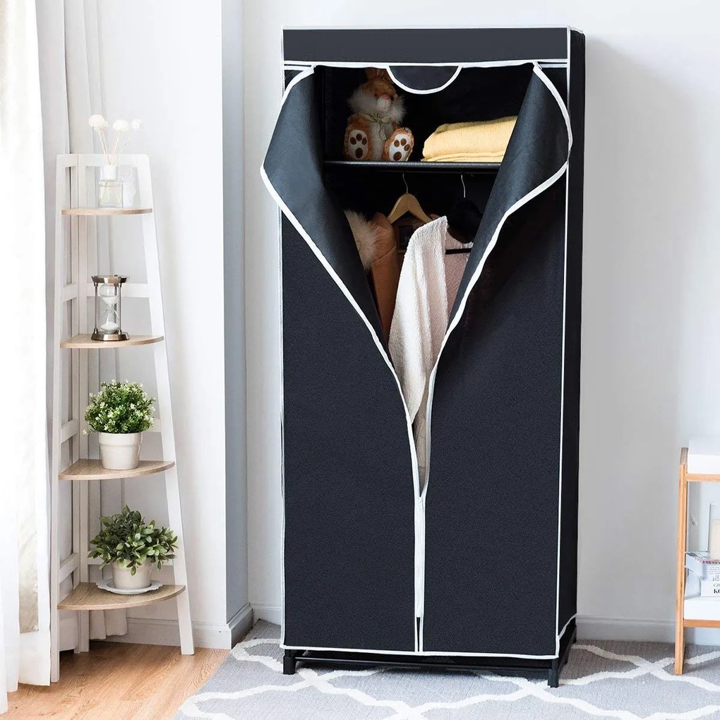 Roupeiro Guarda roupa de Pano Dobrável com Organizador de Roupa com varão 75x50x170cm Preto