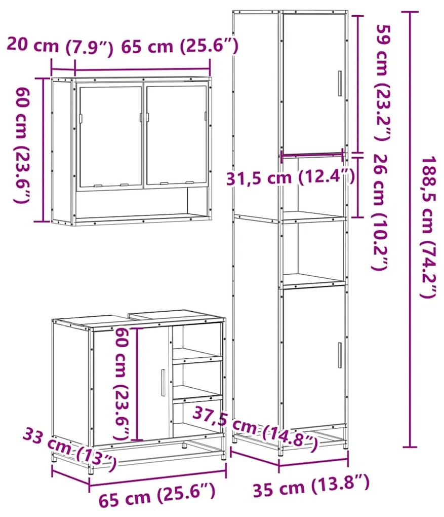 3 pcs Conjunto móveis casa de banho madeira proc. cinza sonoma
