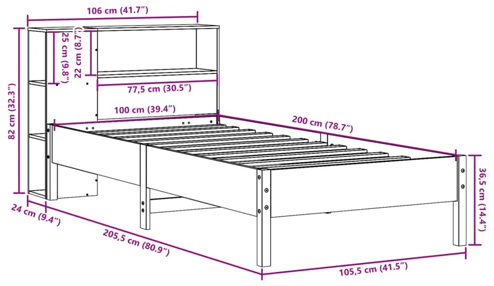 Cama com estante sem colchão 100x200 cm pinho maciço