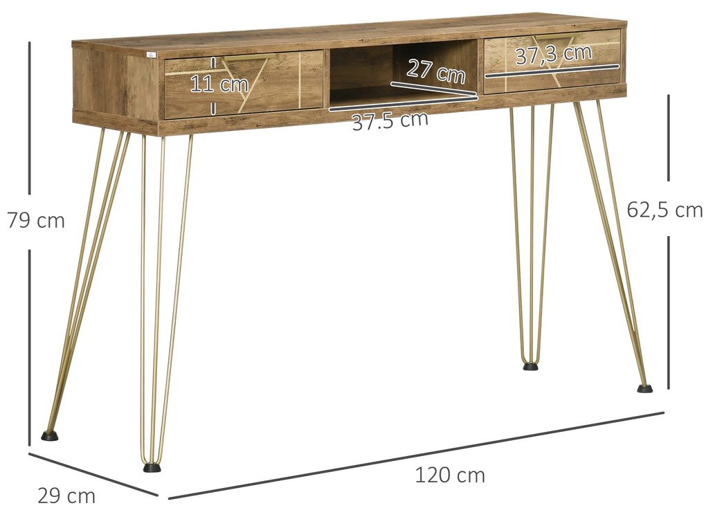 HOMCOM Consola Móvel de Entrada com 2 Gavetas Prateleira Aberta e Pés de Aço para Sala de Estar Corredor Estilo Moderno 120x29x79cm Madeira e Bronze