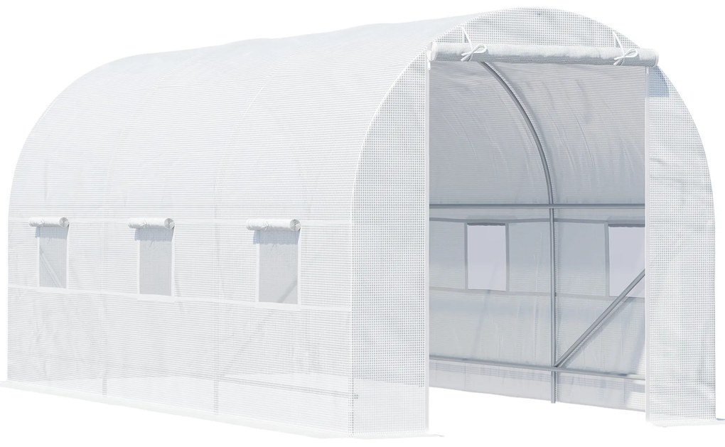Outsunny Estufa tipo Túnel 445x200x200 cm com Porta Enrolável e 6 Janelas Cobertura de PE 140 g/m² Anti-UV Branco