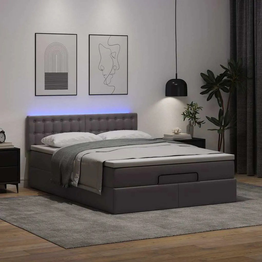Cama otomana com colchões &amp; LEDs 140x200 cm couro artificial