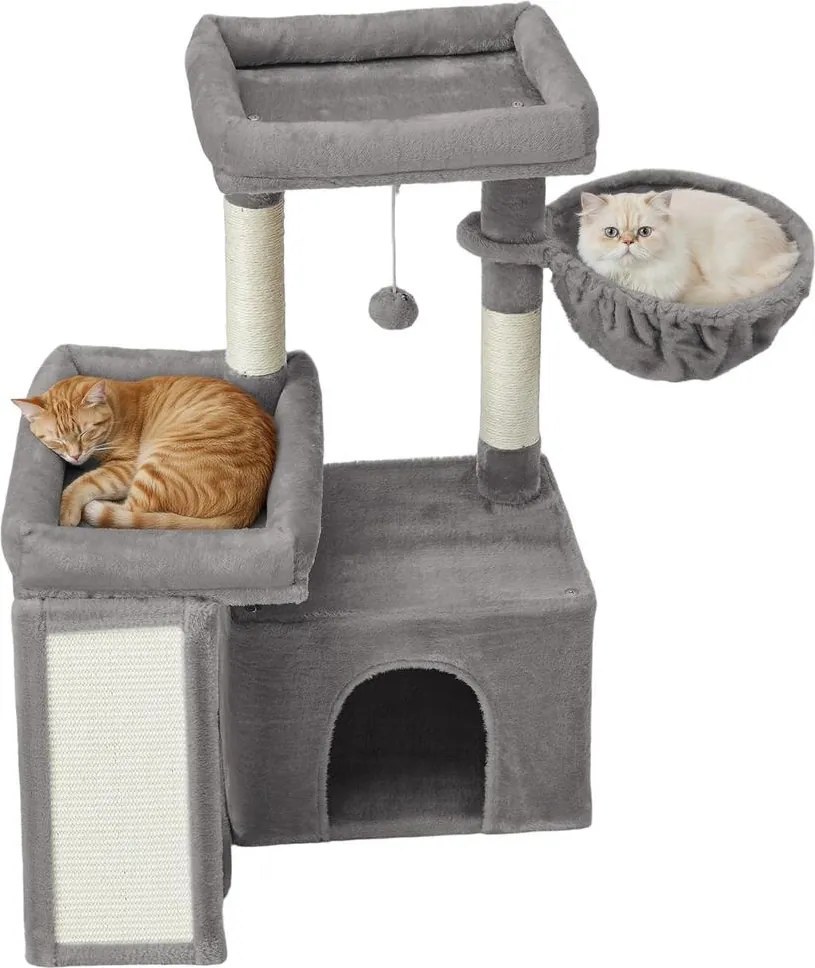 Arranhador para gatos com caverna 92,5 x 58,9 x 85,8 cm, árvore para gatos com rampa e cesto, 2 plataformas grandes cinzento claro