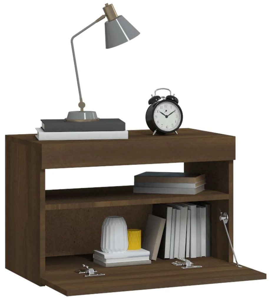 Mesa de cabeceira c/ LEDs 60x35x40 cm carvalho castanho