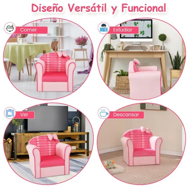 Poltrona infantil estofada com espuma com padrão animado Sofá individual infantil para quarto sala 49 x 40 x 45 cm rosa