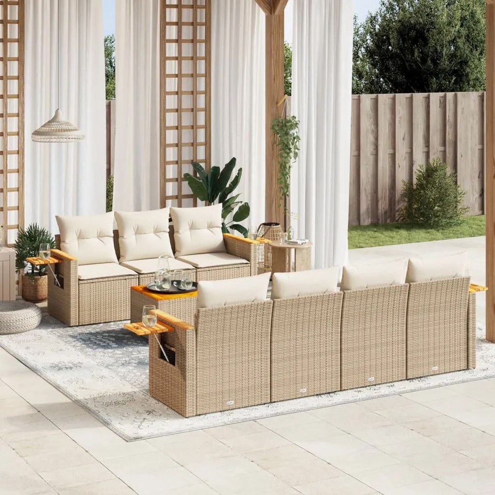 8 pcs conjunto de sofás p/ jardim com almofadões vime PE bege