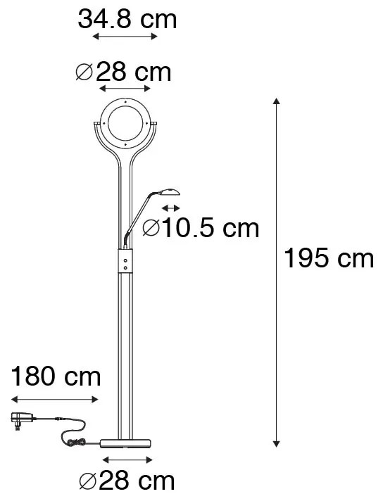 Candeeiro de pé moderno preto com braço de leitura incluindo LED e dimmer - Divo Moderno