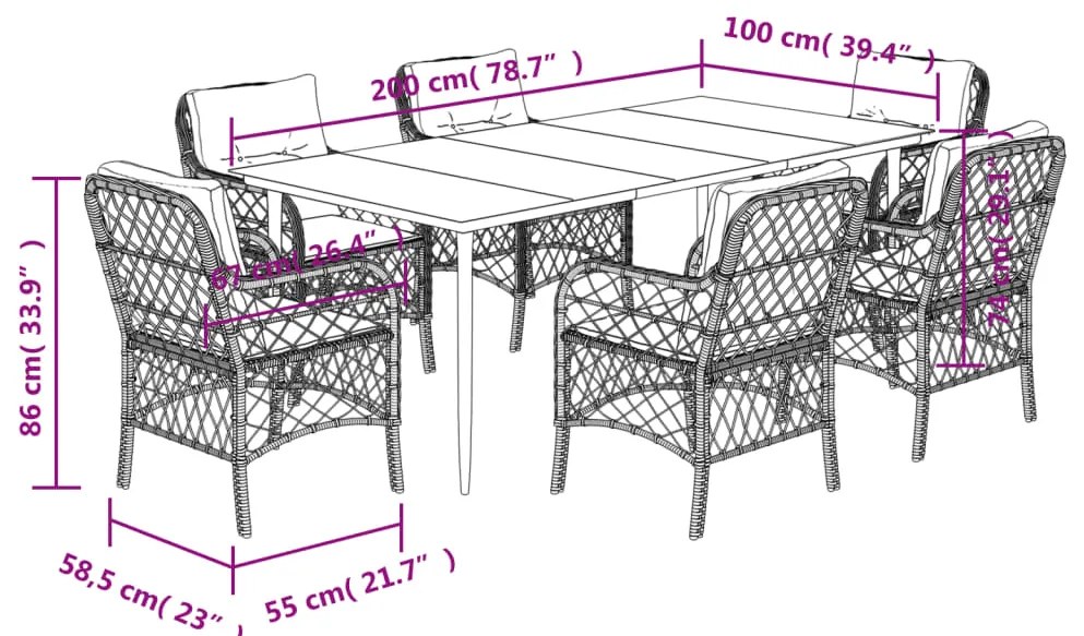 7 pcs conj. jantar jardim c/ almofadões vime PE bege misturado