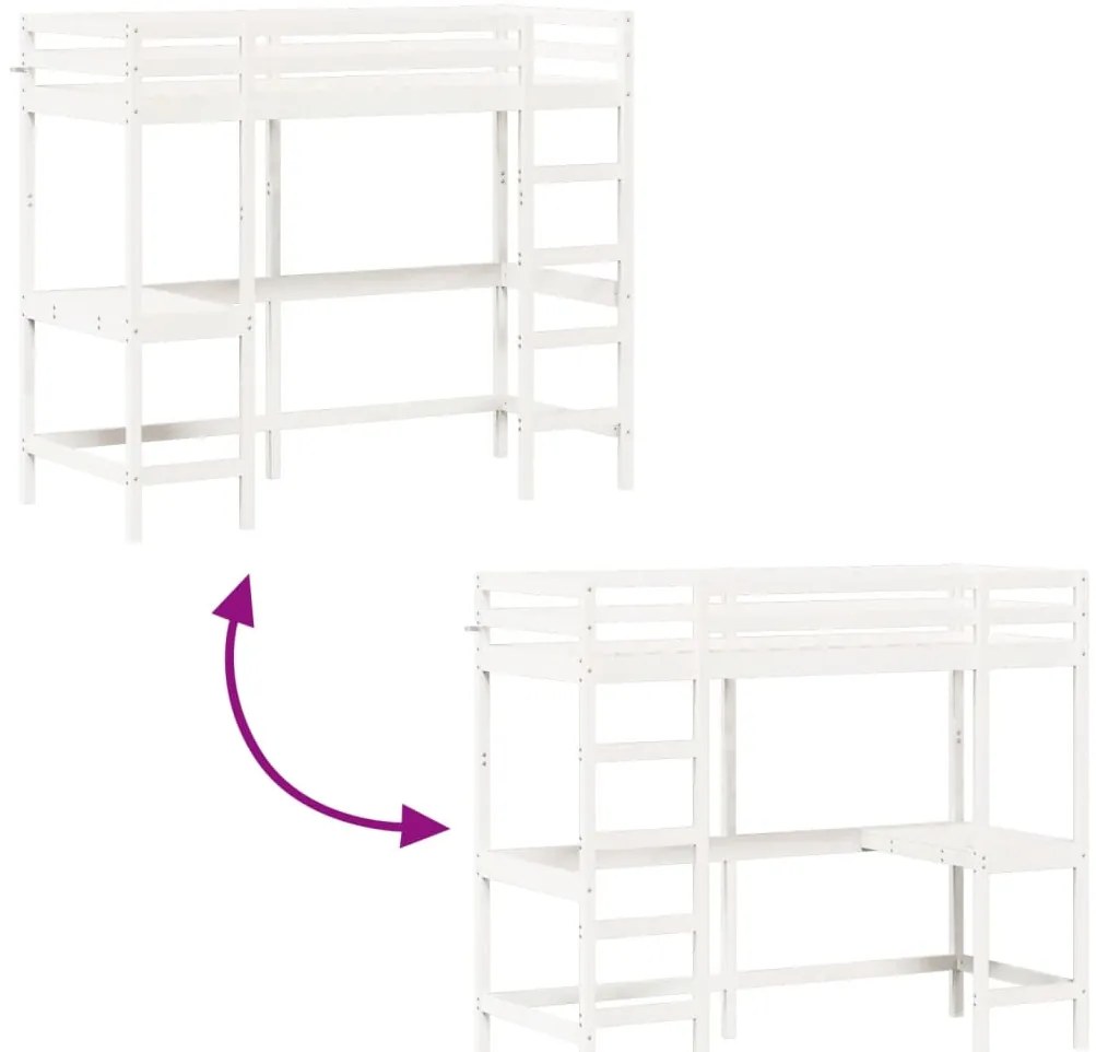 Cama alta com secretária 75x190 cm pinho maciço branco