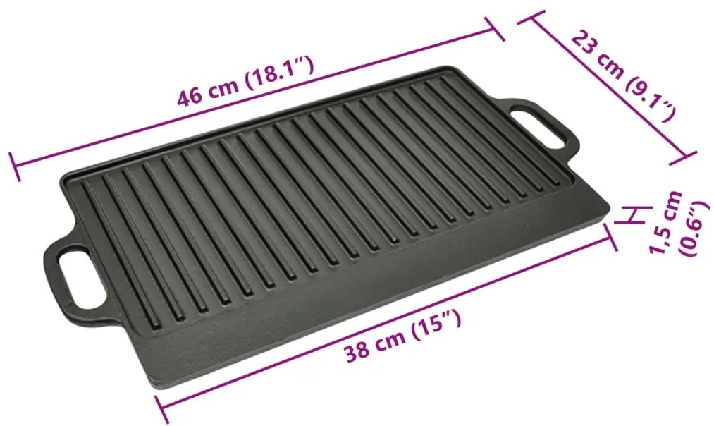 Grelhador de ferro fundido reversível 38x23 cm, 2 pcs
