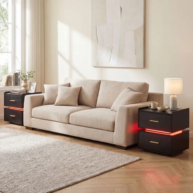 Mesa de cabeceira com base de carregamento LED, 2 gavetas, arrumação semi-suspensa e base metálica 45 x 40 x 48 cm Preta