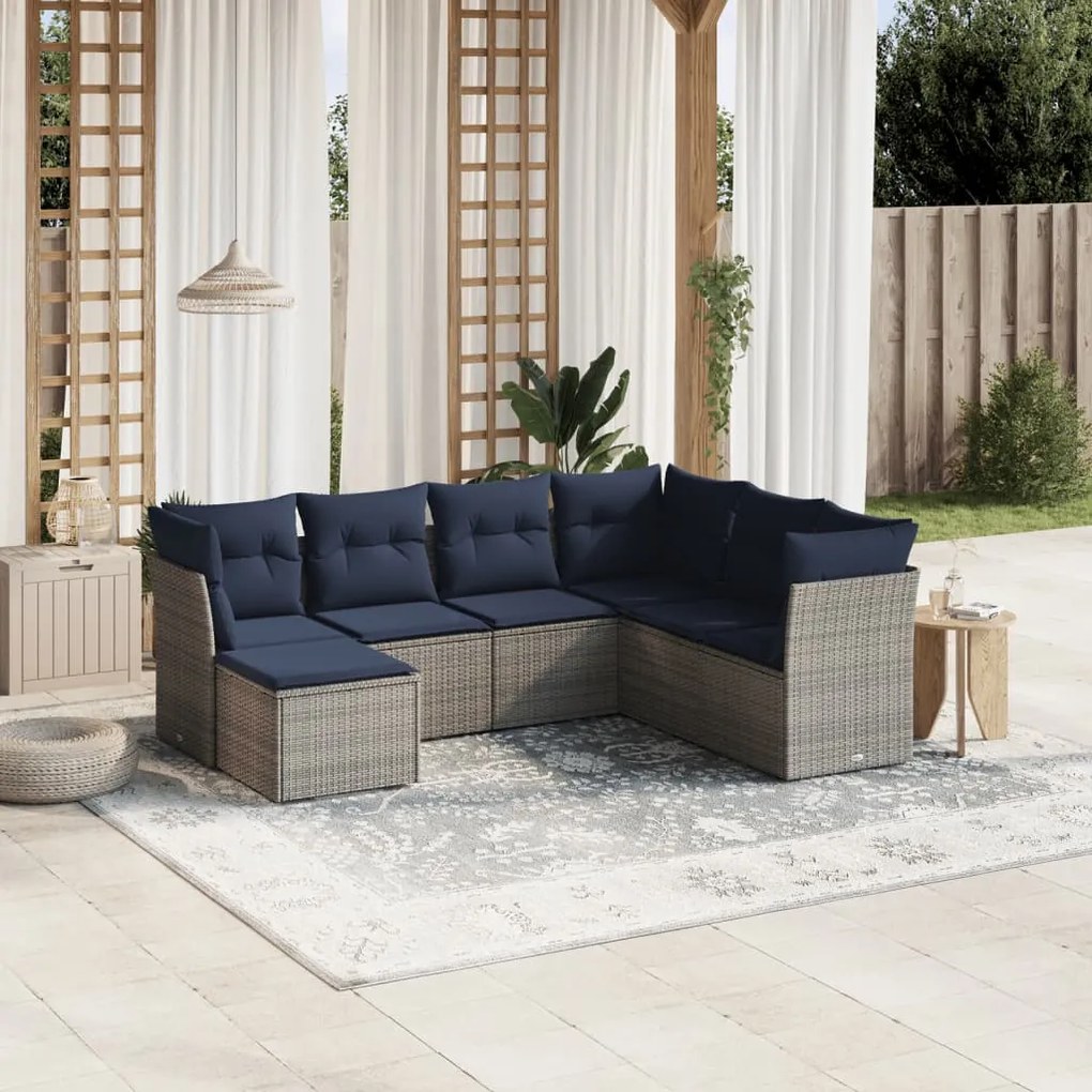 vidaXL 7 pcs conjunto sofás p/ jardim c/ almofadões vime PE cinzento